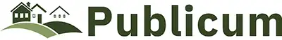 Logo Publicum avec des petites maisons et des vallons verts